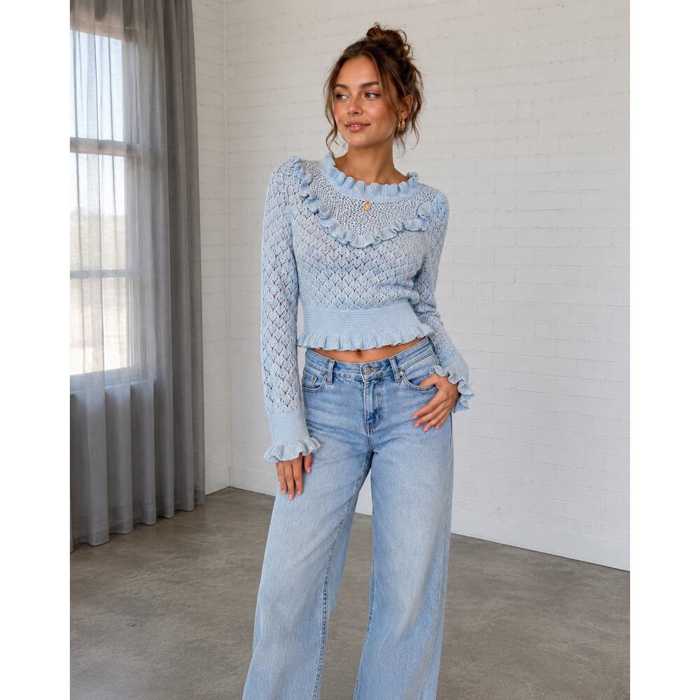 LFD NWT Light Blue Pointelle Knit Ruffle Sweater Women’s L Cropped Long Sleeve